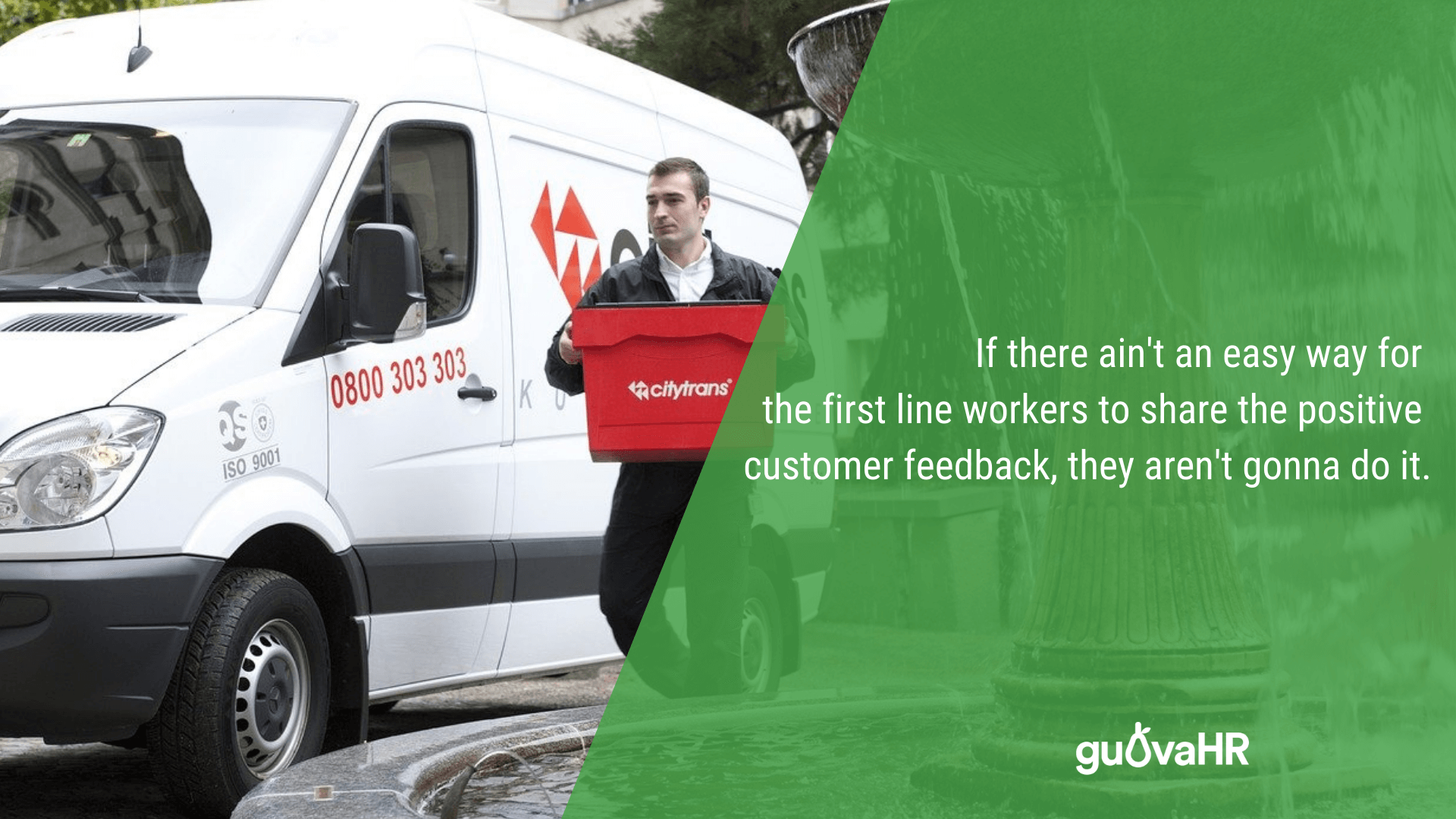 Courier delivering a big parcel and an internal communication problem quote saying 'If there ain't an easy way for the first line workers to share the positive customer feedback, they aren't gonna do it.'